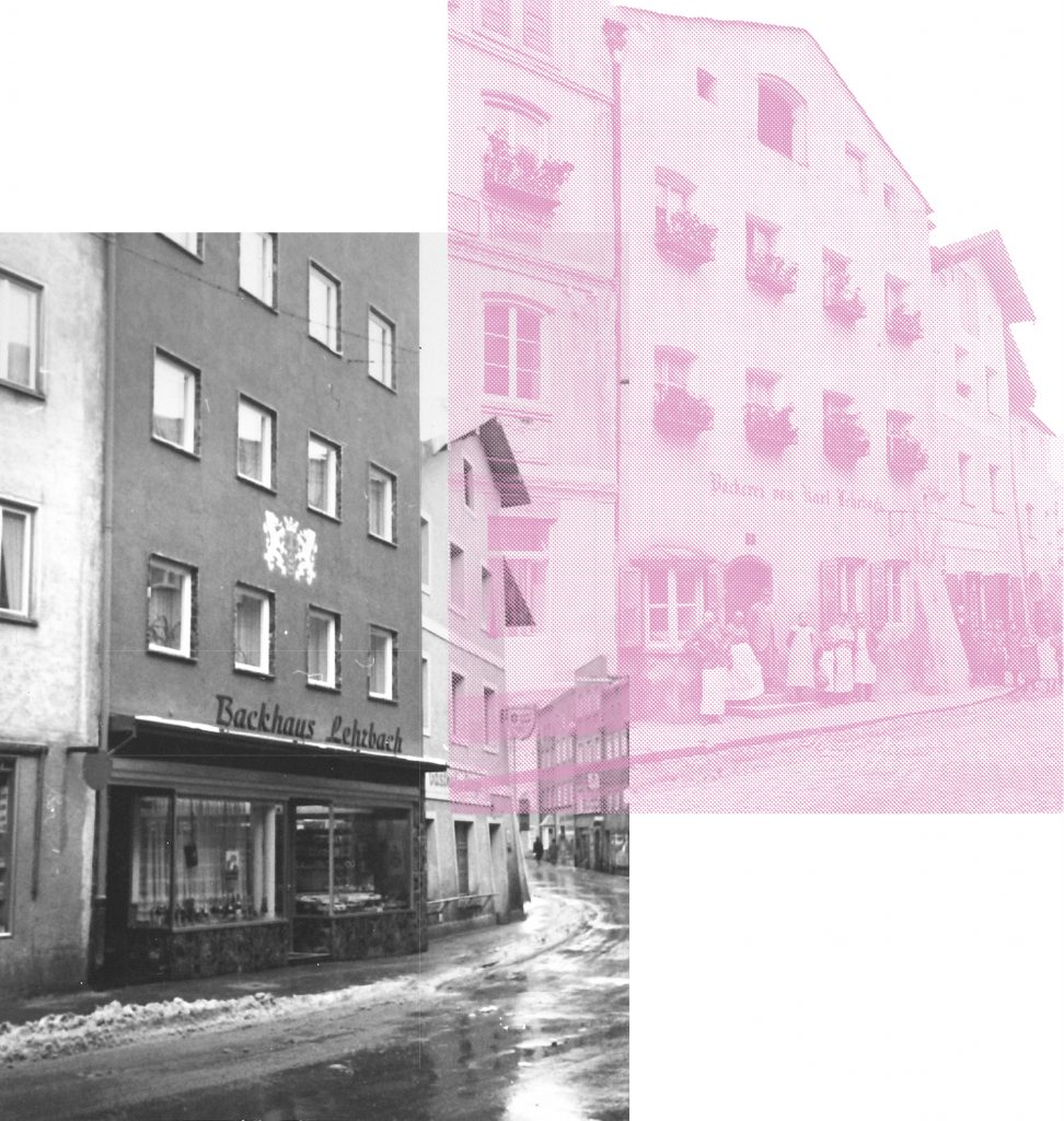 Außenfassade der Backhaus Lehrbach Filiale vor und nach dem Umbau 1964