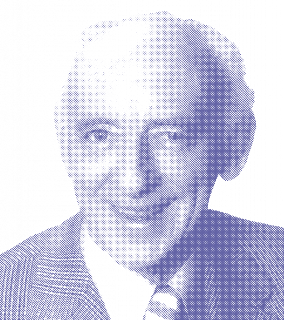 Ein Portrait von Josef Lehrbach Senior. Er trägt einen Anzug mit Krawatte und lächelt freundlich in die Kamera. Das Bild ist monochrom in einem bläulichen Farbton gehalten und wirkt wie eine stilisierte Druckgrafik im Rasterpunkt-Stil.