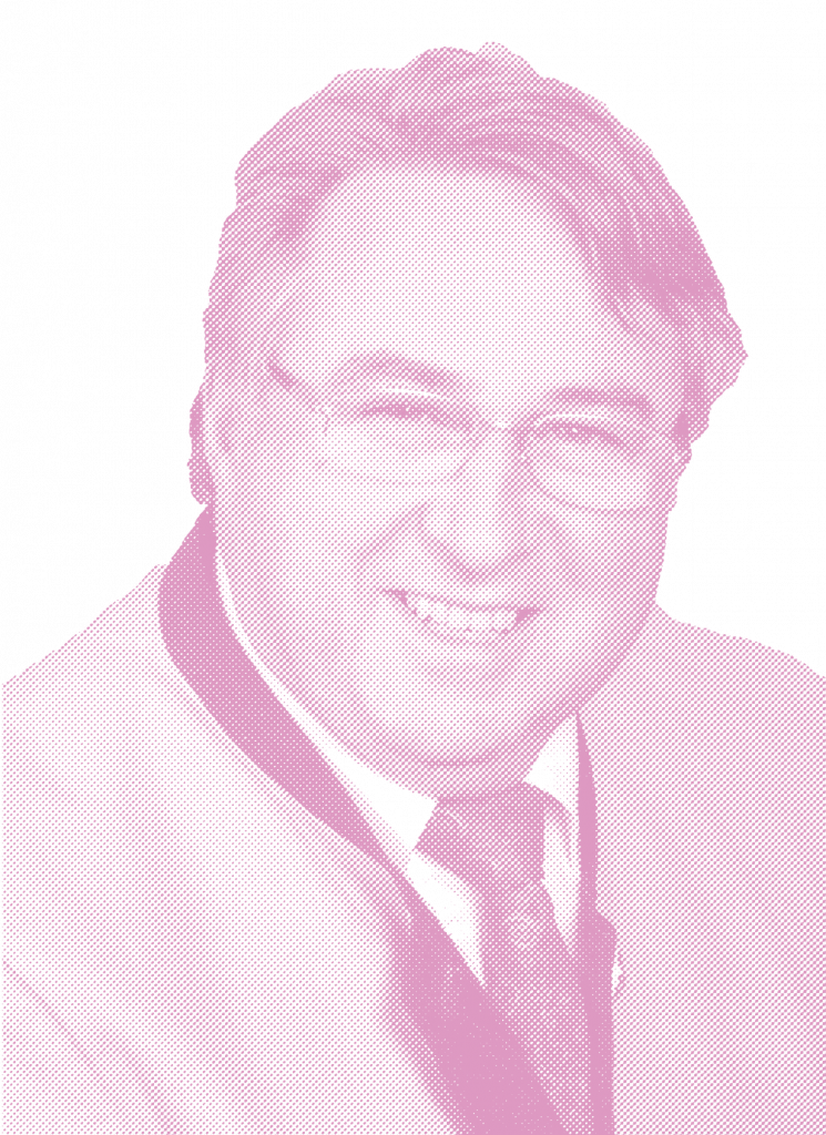 Ein Portrait von Josef Karl Lehrbach Junior. Er trägt einen Anzug mit Krawatte. Das Bild ist monochrom in einem rosa Farbton gehalten und wirkt wie eine stilisierte Druckgrafik im Rasterpunkt-Stil.