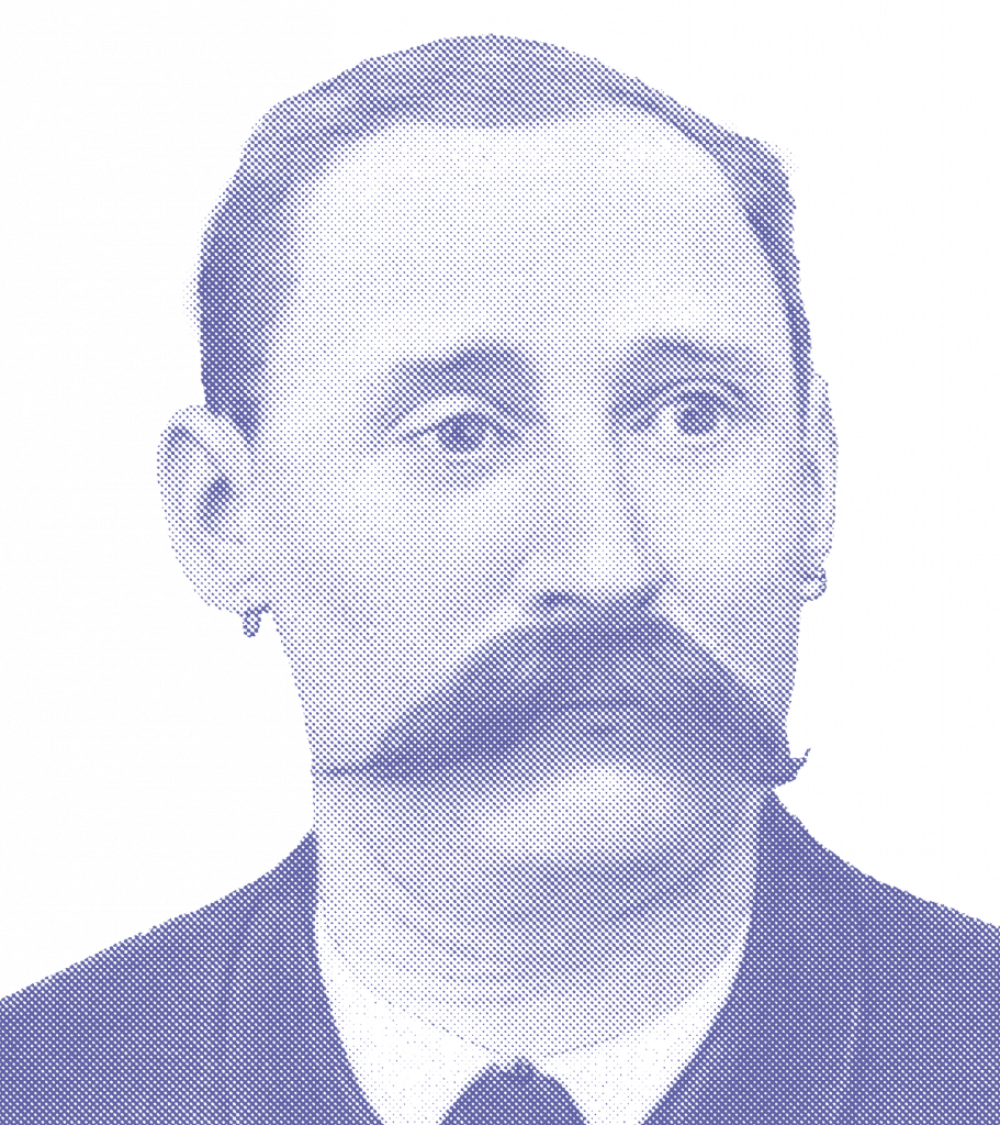 Ein Portrait von Karl Lehrbach Senior. Er trägt einen Anzug mit Krawatte und hat einen markanten Schnurbart. Das Bild ist monochrom in einem bläulichen Farbton gehalten und wirkt wie eine stilisierte Druckgrafik im Rasterpunkt-Stil.