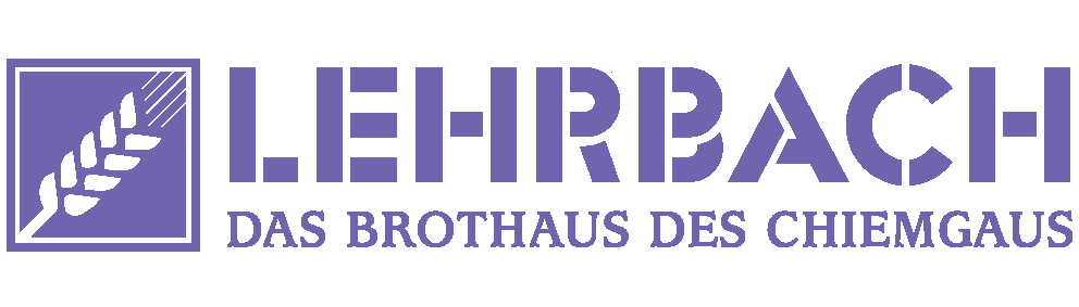 Logo Brothaus Lehrbach. Es Zeigt eine Ähre in einem Quadrat und ist Lila eingefärbt daneben steht "Lehrbach das Brothaus des Chiemgaus"