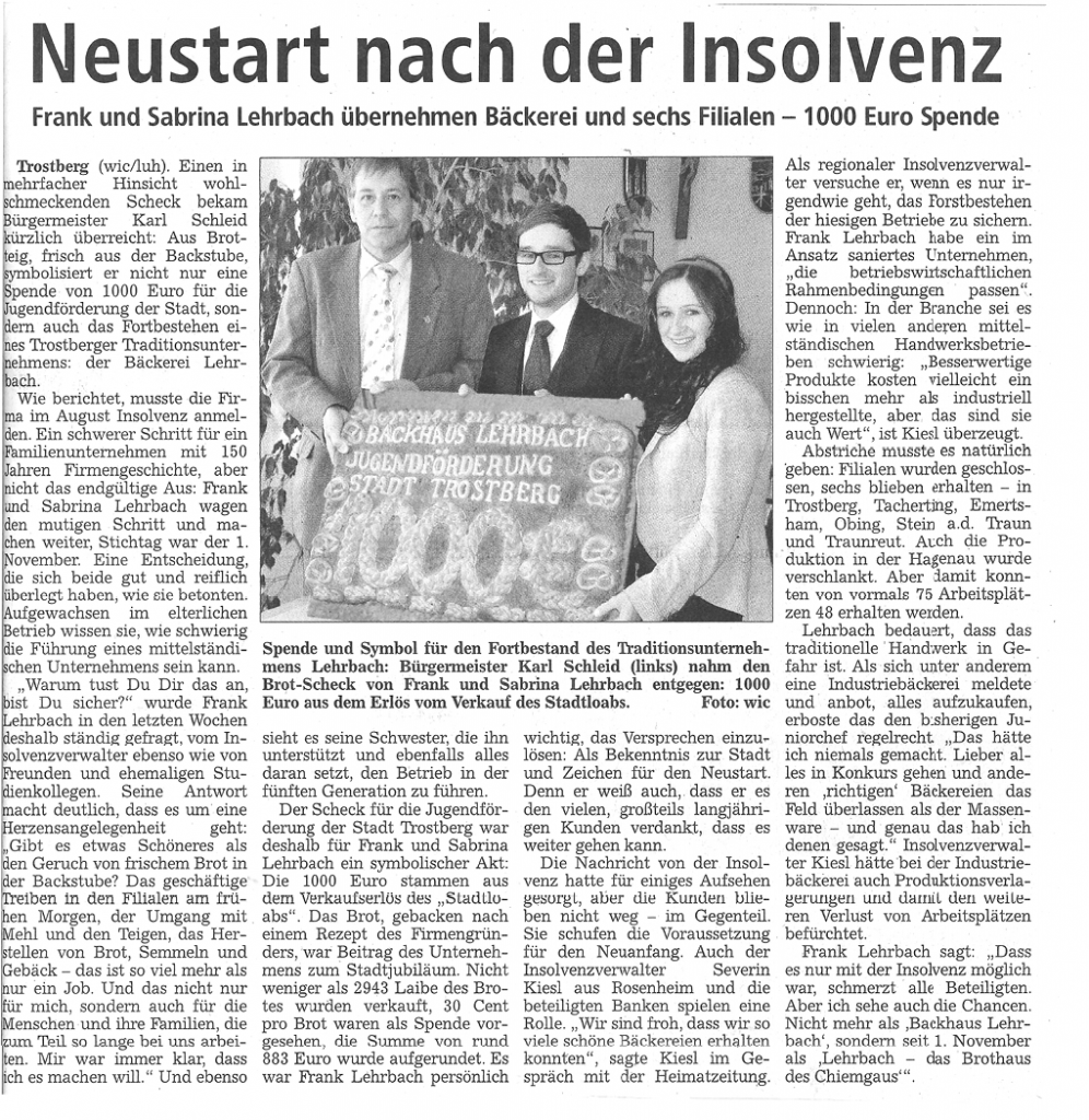 Zeitungsartikel "Neustart nach der Insolvenz"