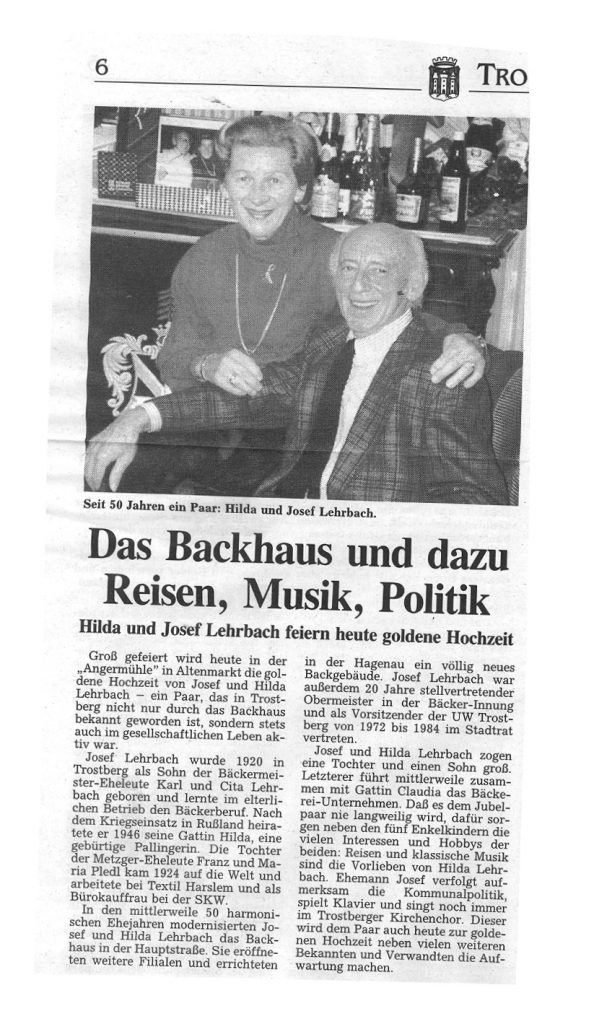 Zeitungsartikel "Das Backhaus und dazu Reisen, Musik, Politik" Goldene Hochzeit von Hilda und Josef Lehrbach