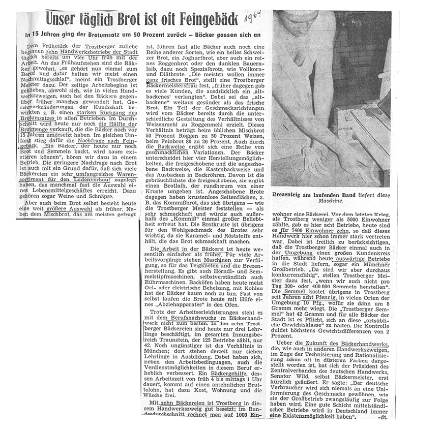 Zeitungsartikel "Unser täglich Brot ist oft Feingebäck" aus 1964