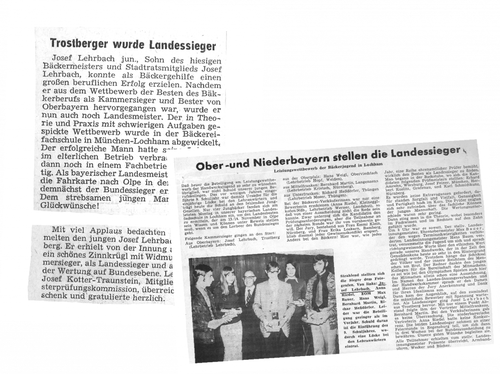 Zeitungsartikel über des Sieg von Josef Lehrbach Junior beim Wettbewerb der Besten Bäcker als Kammersieger und Landessieger.