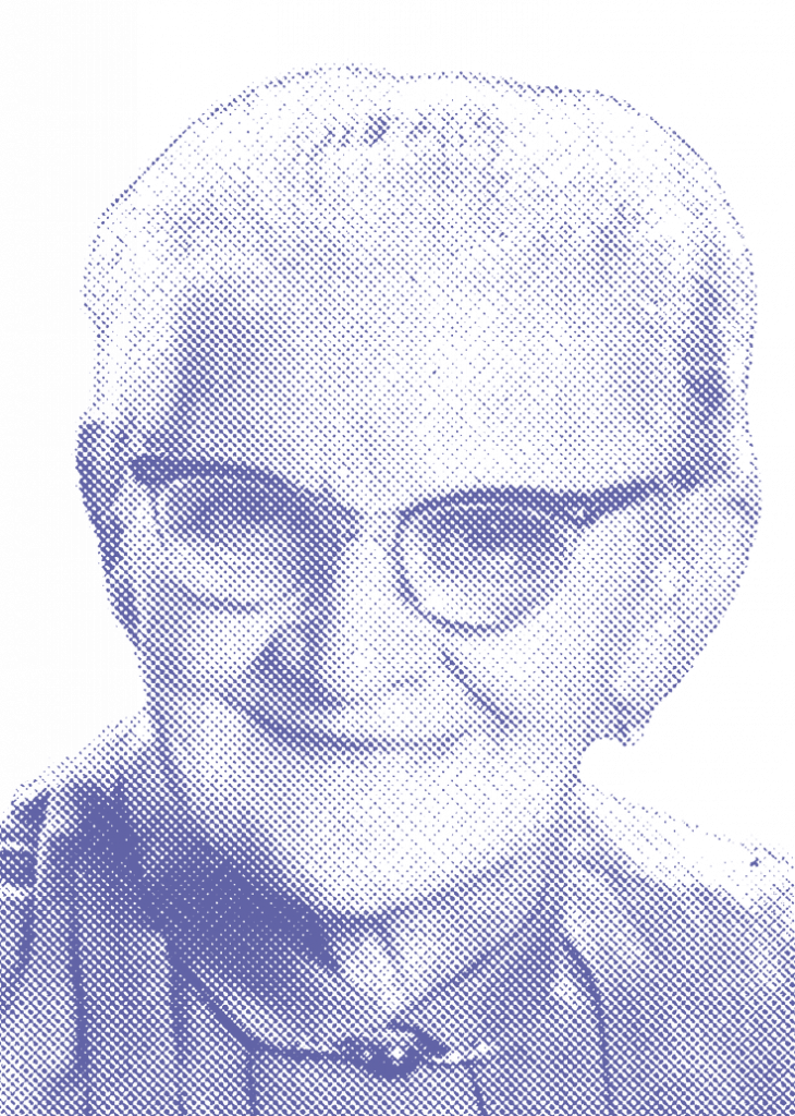 Ein Portrait von Zita Lehrbach. Er trägt eine Brille. Das Bild ist monochrom in einem bläulichen Farbton gehalten und wirkt wie eine stilisierte Druckgrafik im Rasterpunkt-Stil.